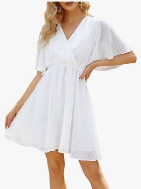 White Swiss Dot Wrap Mini Dress with Flutter Sleeves